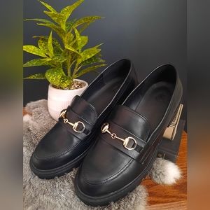 Gold Buckle Black Leather Loafer